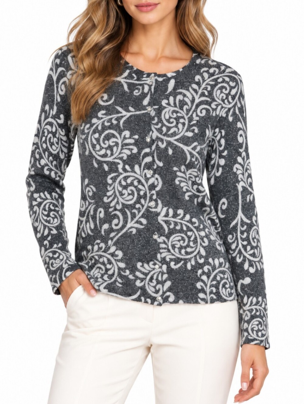 J.McLaughlin Damask Gray Glitter Knit Cardigan M Button Down Quiet Luxury Office